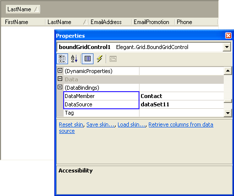 .NET Elegant Grid: Setting the DataMember and DataSource properties with the Windows Forms Designer