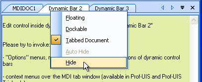 Options menu of the dynamic control bar (in the MDI system menu)